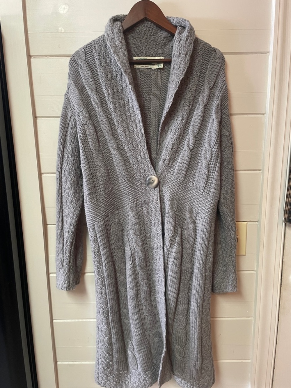 Aran Crafts Ireland Merino Wool Long Cable Knit Cardigan Sweater Gray Size XL
